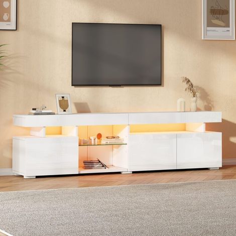 Meuble TV bas 180x35x45 cm, meuble TV, finition laquée brillante, 3 portes étagères réglables pour les téléviseurs jusqu'à environ 80 pouces blanc