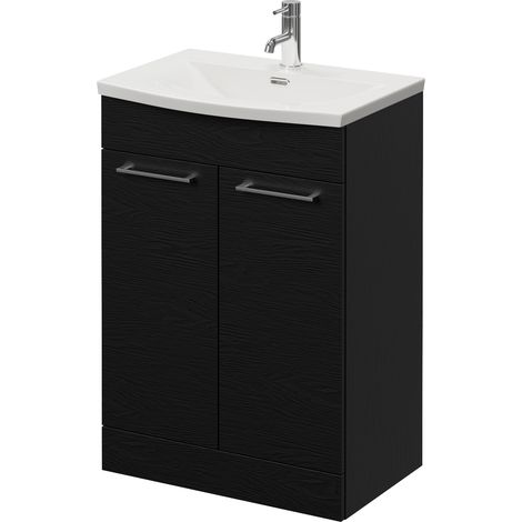 Napoli 390 Nero Oak 600mm 2 Door Vanity Unit with Arc Basin - 600mm - Chrome 160mm Handle