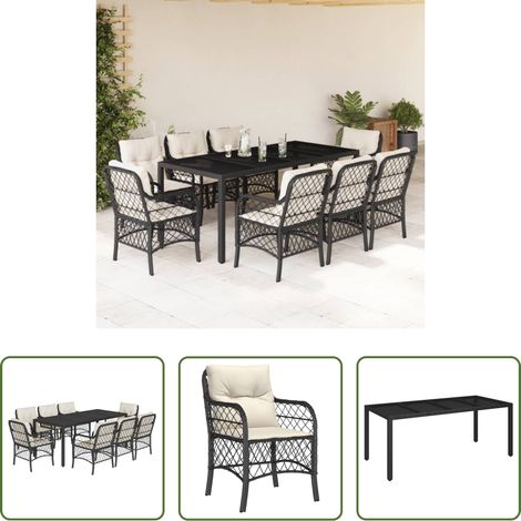vidaXL Gartenessgruppe - 9-tlg. Garten-Essgruppe mit Kissen Schwarz Poly Rattan (1/5)