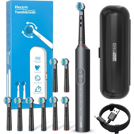 Brosse à dents électrique avec 8 têtes de brosse (3 modes), brosse à dents électrique rechargeable de voyage, autonomie de 50 jours, 8 800 VPM, étui de voyage et câble de charge USB, noir (1/5)