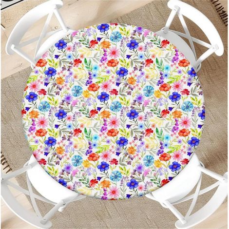 Tischdecke rund 90cm wetterfest mit Gummizug, bunt Blumenmuster