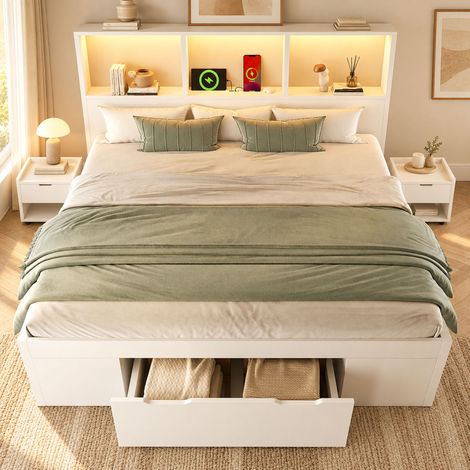 Lit double 140x200 cm avec LED, USB et Type-C, 2 tables de chevet mobiles, tiroir et rangements, sommier à lattes inclus, blanc, sans matelas (1/5)