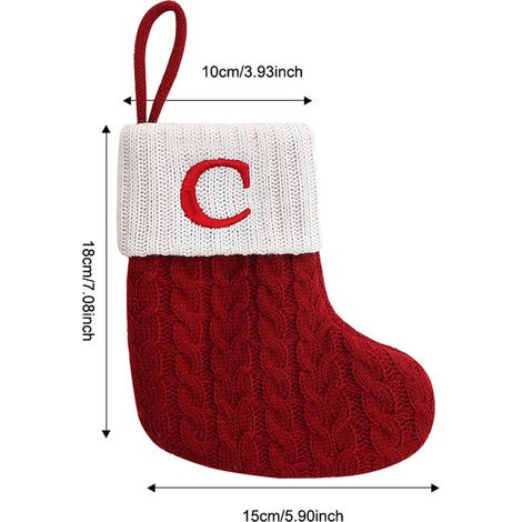 Décoration de Noël : chaussette brodée lettre C en polyester, sachet cadeau tricoté à accrocher au sapin - Rouge (1/5)