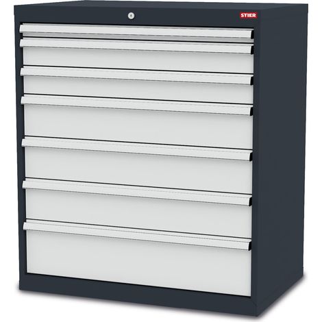STIER Schubladenschrank aus stabiler Stahlkonstruktion und Kugelführung, 7 verzinkte Schubladen, Werkstatt / Industrie / Büro, Maße: BxTxH 900x575x1020 mm, Werkstattschrank mit glatten Seitenwänden (1/5)