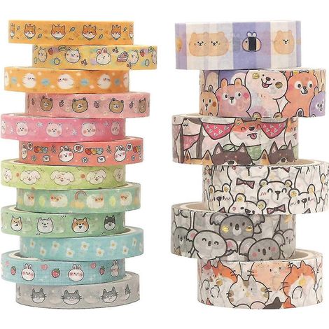 Ensemble de rubans adhésifs décoratifs Kawaii mignons à motifs de dessins animés - 18 rouleaux fins, ornés d'embellissements dorés et d'animaux