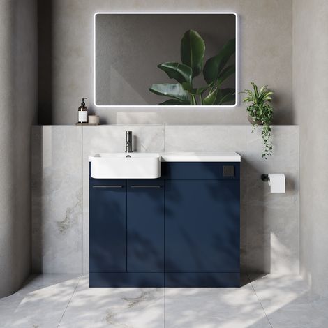 Napoli 250 Deep Blue 1000mm 2 Door Vanity Unit Toilet Suite with Left Hand Round Rico Semi Recessed Basin - 1000mm - Gunmetal Grey 160mm HandleWithout Kingston Toilet Pan