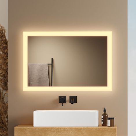 EMKE Rechteckiger Lichtspiegel 40x60cm Warmweißes Puristischer Badezimmerspiegel mit Klassischer Frostkante