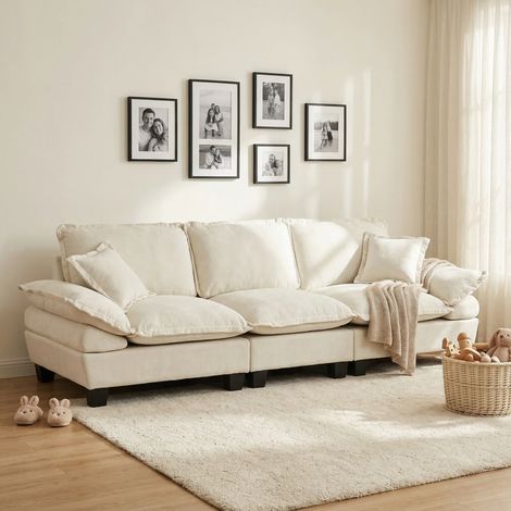 Canapé modulaire 3 places avec accoudoirs courbés, en chenille beige (1/5)