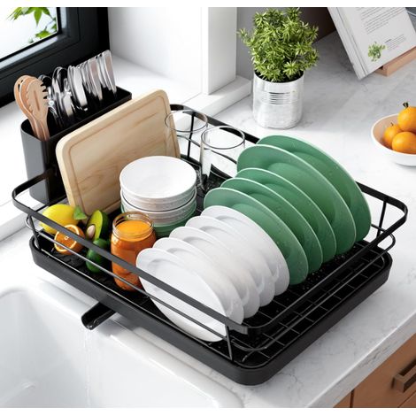 Un égouttoir à vaisselle noir pour plan de travail, mesurant 40 x 30 cm, est pratique pour ranger la vaisselle et les ustensiles de cuisine. (1/5)