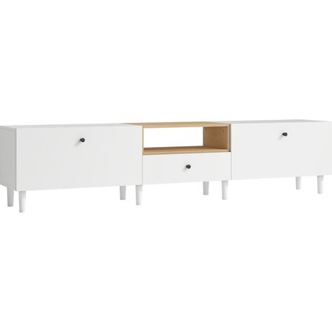 200 cm hoher TV-Ständer für 90-Zoll-Fernseher, 2 Türen, Schublade, Weiß