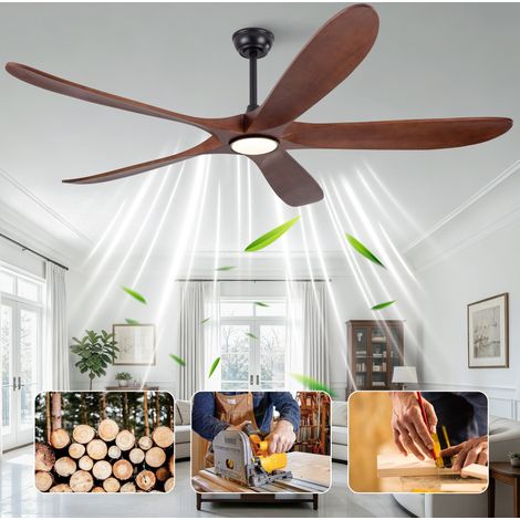 Ventilatore da soffitto con luce, 5 pale in legno massiccio, colore noce e nero (1/5)