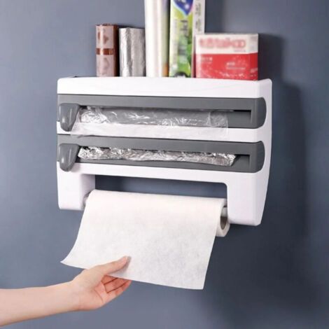 Organisateur de cuisine 3-en-1 avec découpeur intégré - Distributeur de film de foile et de cling, porte-serviettes en papier, économiseur d'espace (1/4)