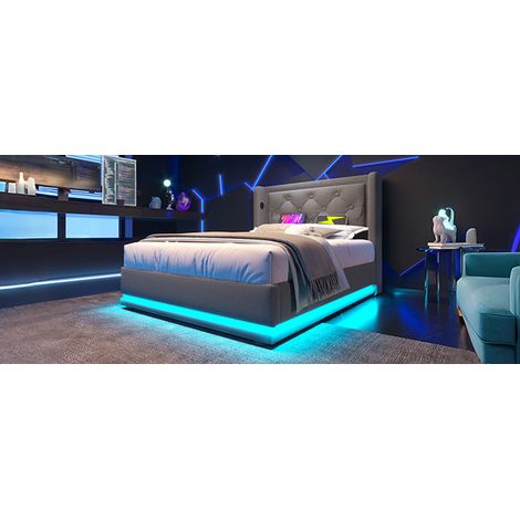 Cama 90x200 cm de algodón gris con arcón, LED y USB, ahorra espacio, sin colchón – MEUBLIV (1/5)