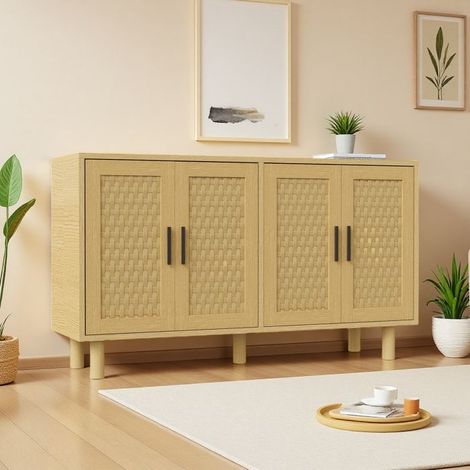 Buffet - Klassisches Schwarz - 4 Türen - Rattan & Spanplatten - 140x40x80 cm
