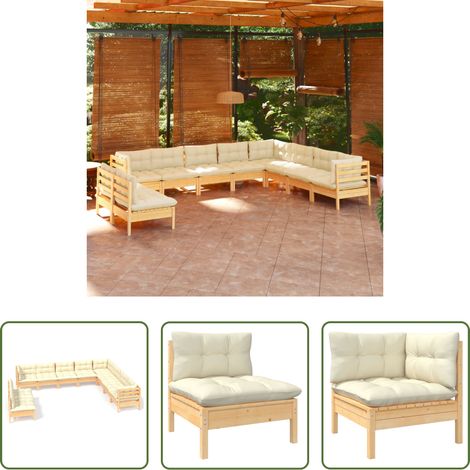 Terrassensofa - 10-tlg. Garten-Lounge-Set mit Creme Kissen Massivholz Kiefer (1/5)
