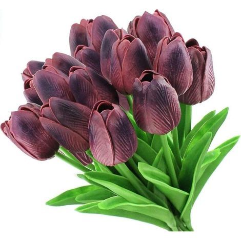 Bouquet of 12 realistic-looking artificial tulips, perfect decoration for weddings, parties, homes, gardens, and offices (Dark purple) (1/5)
