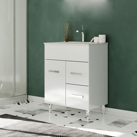 Saniverre – Meuble salle de bain sur pieds avec vasque simple céramique blanche 60 cm – 1 porte battante et 2 tiroirs – Finition brillante