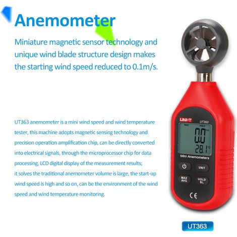 Mini anémomètre numérique portatif UT363, UNI-T, mesure de la vitesse du vent, testeur de température, affichage LCD, niveau de débit d'air 0 12 (1/5)