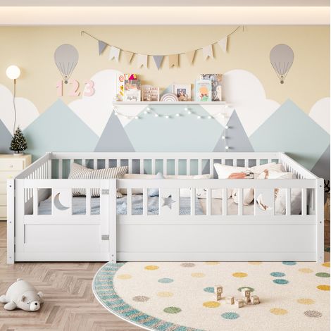 Lit 140x190 enfant avec barrières pin blanc HAVRYA (1/5)
