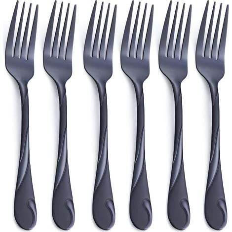Juego de tenedores de mesa negros con mango ondulado, tenedores de mesa de acero inoxidable negro brillante (6 piezas) (1/4)