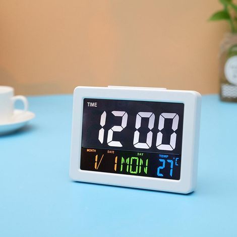 Elektronischer Tischwecker mit Farb-LCD-Bildschirm, großes Display mit Anzeige von Temperatur und Datum – weiß