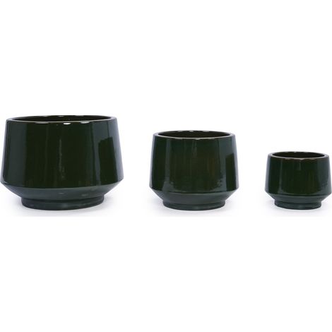 Set de 3 macetas de cerámica hechas a mano, verde oscuro esmaltado, Ø 38,1/28/22,9 cm (1/5)
