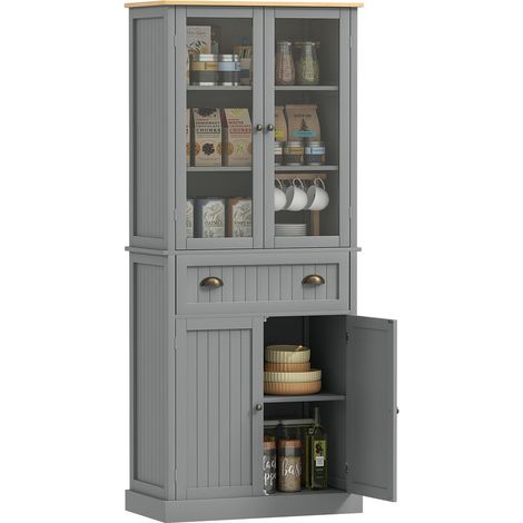 Buffet Haut de Cuisine Vaisselier AoSenYunZhou 5 Niveaux avec Tiroir Étagères Réglables Portes en Verre MDF Gris 76x40x182,5cm (1/5)