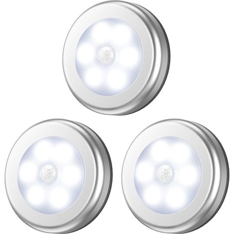 Lot de 3 lampes à détecteur de mouvement, veilleuse LED à piles, lampes d'escalier à coller partout, appliques murales pour couloir (argent) (1/5)