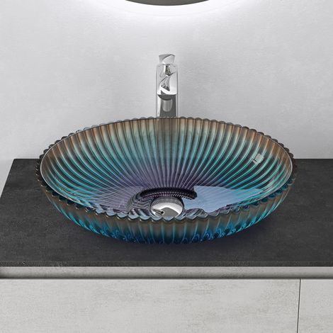 Mai & Mai Lavabo à Poser en Verre Lave-Mains Vasque Ovale à Poser Lavabo Bleu pour Salle de Bain WC d'Invités 50,5x35x14,5 cm Min04 (1/5)