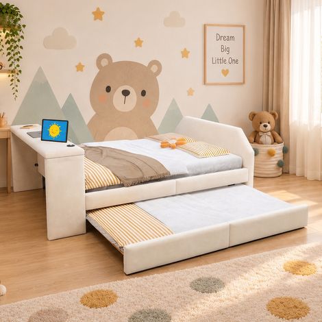 Lit enfant rembourré 140x200 cm, lit gigogne avec bureau intégré et port USB, cadre de lit en velours moderne pour chambre enfant et ado, beige (1/5)