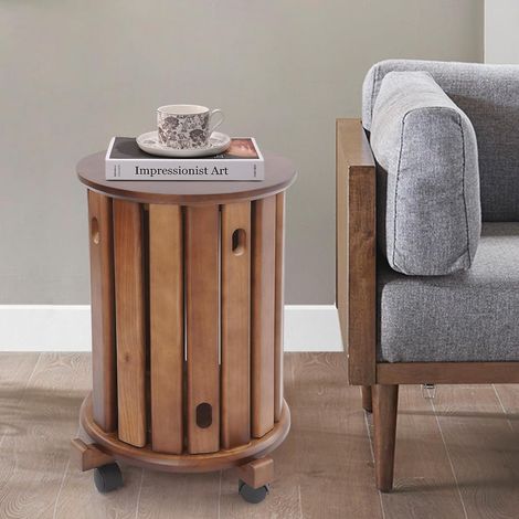 Stapelbares Hocker 4er-Set, Holzhocker mit Räder, Esszimmerhocker, Nachttisch Rund, Stapelbar Balkon Hocker für Küche, Schlafzimmer, Wohnzimmer (Walnuss Farbe) (1/5)