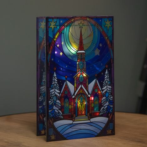 21cm Battery Operated Light up Stained Glass Christmas Decoration with Church Scene & Warm White LEDs (1/4)