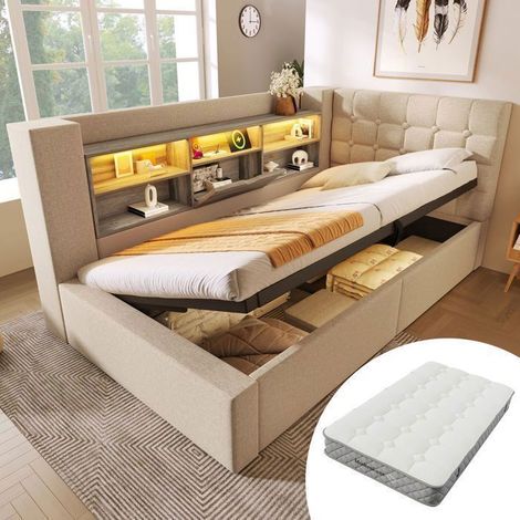 Lit Coffre 90x200 cm avec Matelas Inclus, LED et Ports USB - Lit Rembourré - Tête de Lit Modulable en L, Étagères, Tissu Lin Beige (1/5)