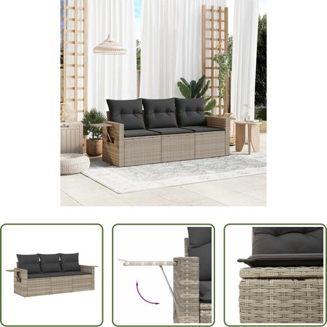vidaXL Rattanmöbel - 3-tlg. Garten-Sofagarnitur mit Kissen Hellgrau Poly Rattan (1/5)