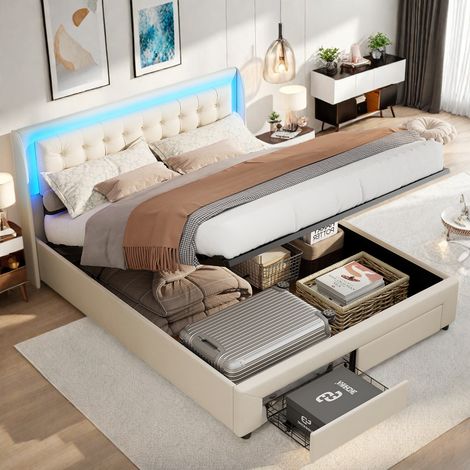 Lit coffre 140 x 190 cm, lit 140x190 avec sommier, lit double avec tiroirs, cadre de lit, avec port USB et LED, beige, velours