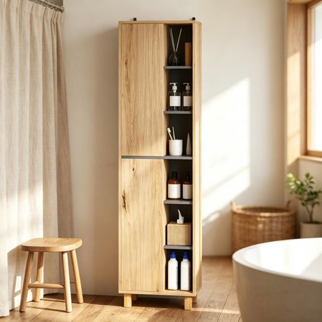 Armario alto de baño, armario de baño con 6 compartimentos abiertos y 2 puertas. (1/5)