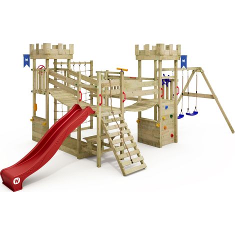 Wickey Smart Arch Aire de jeux pour enfants avec filet à grimper et ponts à bascule, château fort de chevalier, bac à sable géant, comptoir, table de pique-nique, mur d'escalade, corde à grimper, extr