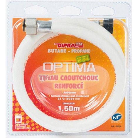 DIPRA - Flexible caoutchouc renforcé 1,5m pour gaz butane ou propane - Validité 10 ans - Certifié NF