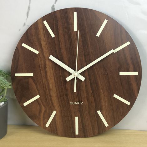Horloge murale lumineuse de 30 cm (12 pouces), design silencieux en bois, avec veilleuse, horloge murale ronde, convient au salon et à la chambre. (1/2)