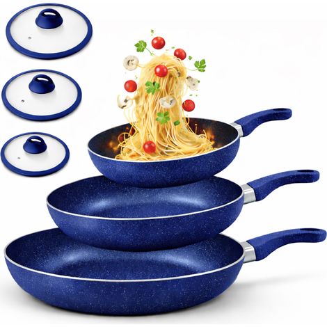 Set 6 Pezzi Padelle in Alluminio Blu con Coperchio per Tutti i Piani Cottura