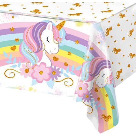 Einhorn Tischdecke 130x220cm für Kindergeburtstag, Regenbogen Party Deko, PVC, wasserdicht