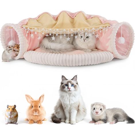 Lit tunnel pour chats, 2 en 1 tubes de tunnel pliables avec tente amovible, parc pour enfants et tunnel caché pour chats, chatons, petits chiens, coussin lavable facile plié et rangement Rose (1/5)