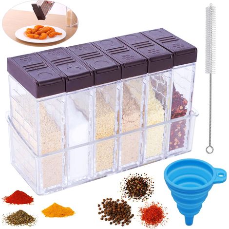 Pots à Épices Boîtes Dassaisonnement Transparent Épices Distributeur Pot Epices avec entonnoir, brosse, pour Rangement de Condiments, sel, Sucre et Poivre (Brun) (1/5)