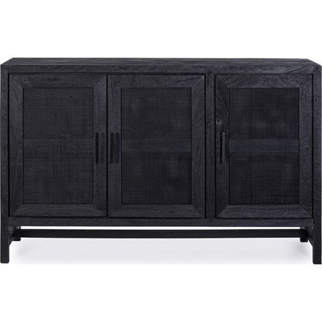 Buffet 3 portes en bois massif noir de manguier et rotin noir Waky 125cm (1/5)