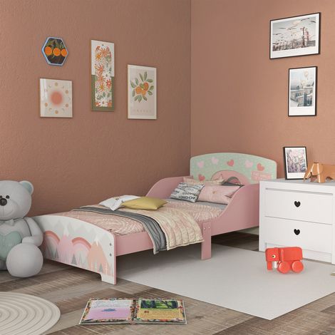 Cama infantil para niños de 3 a 6 años con barandillas de seguridad y motivos decorativos, dimensiones 77 x 143 x 60 cm, somier de láminas incluido - rosa