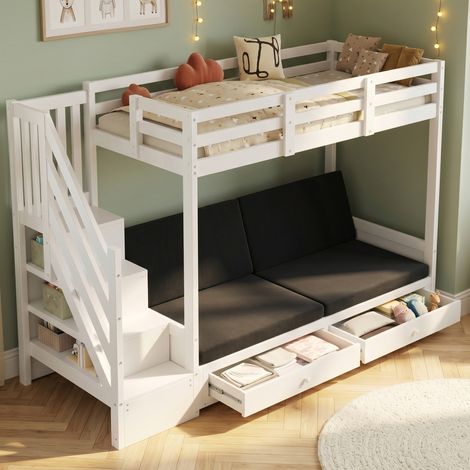 Lit superposé enfants 90x200 cm sans matelas. Escalier avec placard et tiroirs,partie basse convertible,oreillers blancs inclus. (1/5)