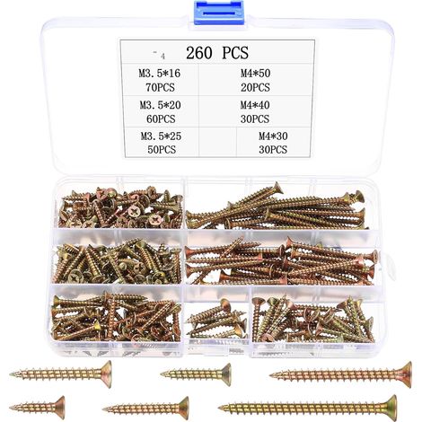 Lot de 260 vis universelles à bois - Assortiment de vis à tête fraisée cruciforme - Vis autotaraudeuses - Pour maçonnerie, meubles, bois (1/5)