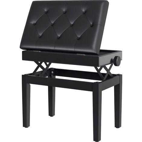 Tabouret de piano réglable en hauteur avec rangement, pieds en bois, revêtement en similicuir, idéal pour les salles de musique, supporte jusqu'à 200 kg, dimensions : 54,5 x 33 x 48-58 cm, noir.