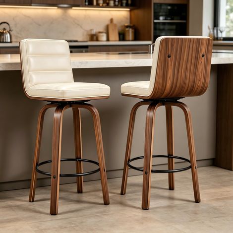 Tabouret de bar pivotant 360°, dossier ergonomique, en PU, pieds en bois courbés, crème (1/5)