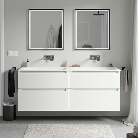 Waschtischunterschrank Bernstein VIREO 160cm mit Mineralgusswaschtisch CREAM Badmöbel: Weiß matt, Waschbecken: Weiß matt ohne Hahnloch